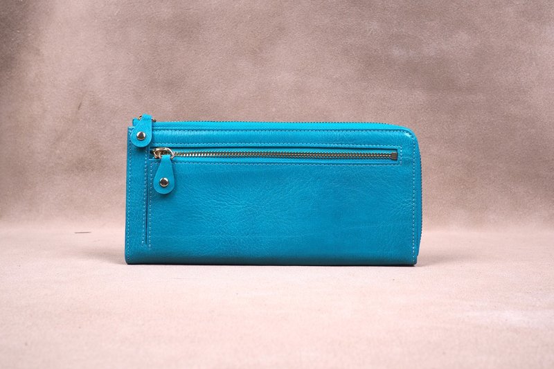Copy Italian Vegetable Genuine Leather Lady Long Wallet Zipper Wallet Purs Mint - 皮夹/钱包 - 真皮 蓝色