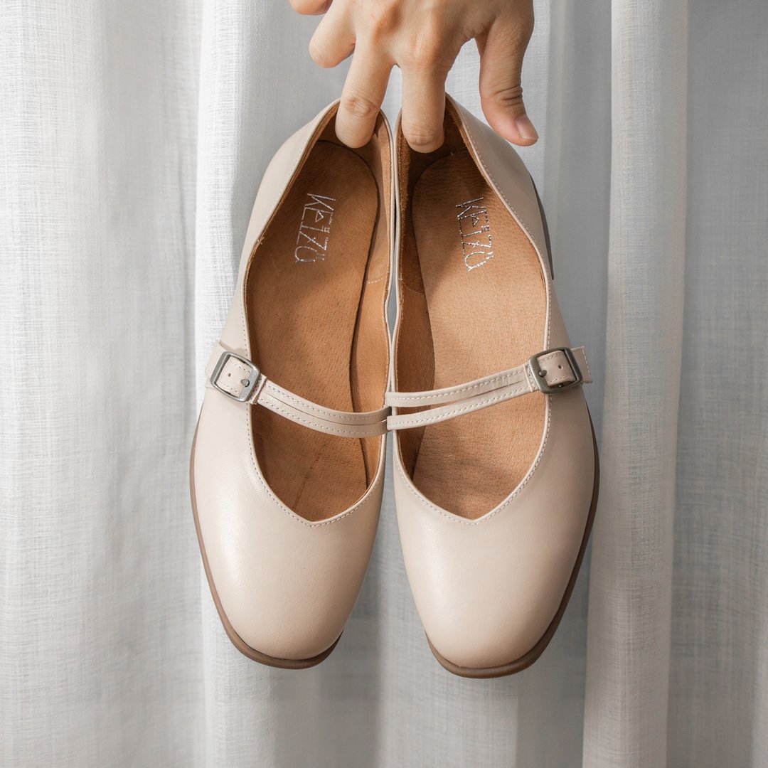 【绝版优惠】小时光微方头V口双细带平底鞋 | 粉 | 台湾手工鞋MIT - 芭蕾鞋/娃娃鞋 - 真皮 粉红色