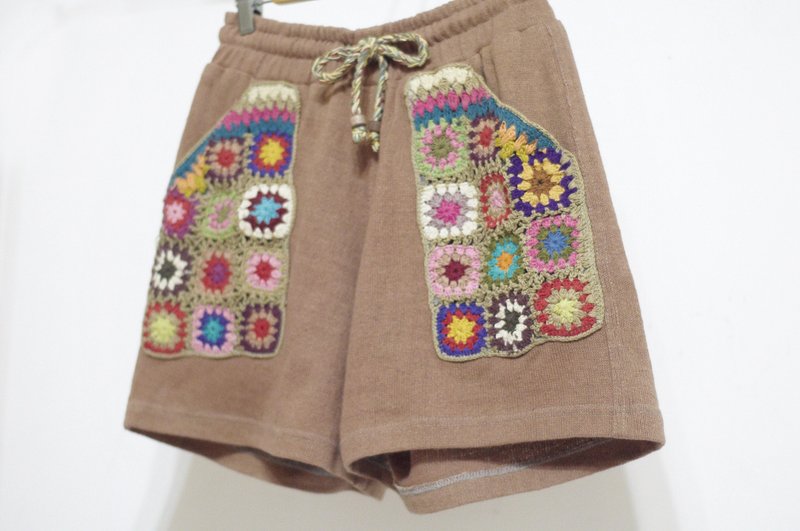 圣诞礼物 限量一件 针织编织口袋短裤 / 民族风裤 / 花朵针织裤 / ethnic pants / 拼接针织短裤 - 波希米亚彩色缤纷森林风 - 女装短裤 - 棉．麻 多色