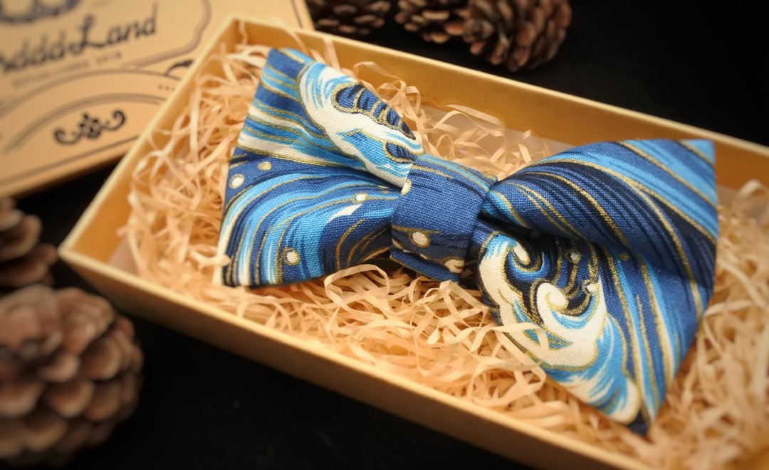 Birdddland原創手工領結 進口燙金布料 日系浮世繪風 復古海洋 - 领结/领巾 - 棉 蓝色