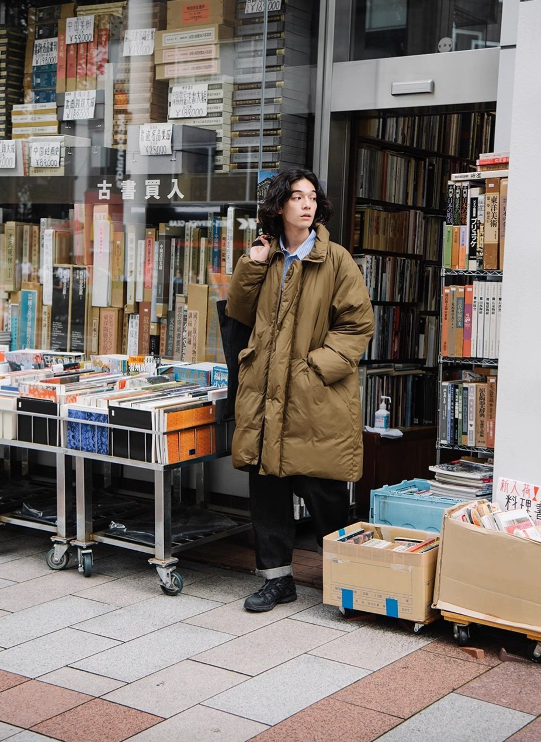 街角旧书店 日系复古长款羽绒服外套 - 男装外套 - 其他材质 咖啡色