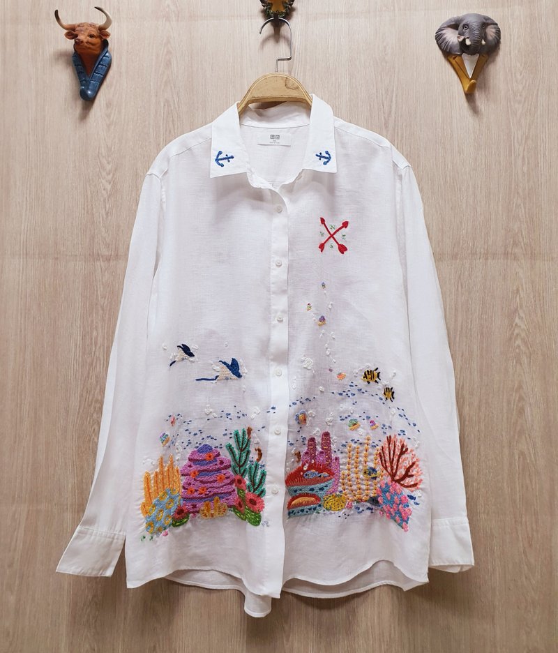 手绣裙 棉布 花卉 兔子 蘑菇 云朵 彩虹 - 女装衬衫 - 绣线 白色