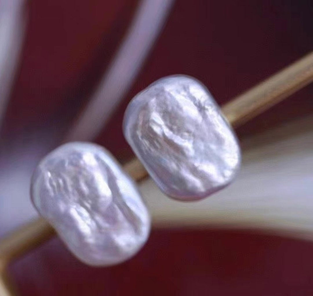 方块 天然淡水珍珠 巴洛克珍珠 炫彩 耳环 - 胸针 - 珍珠 白色