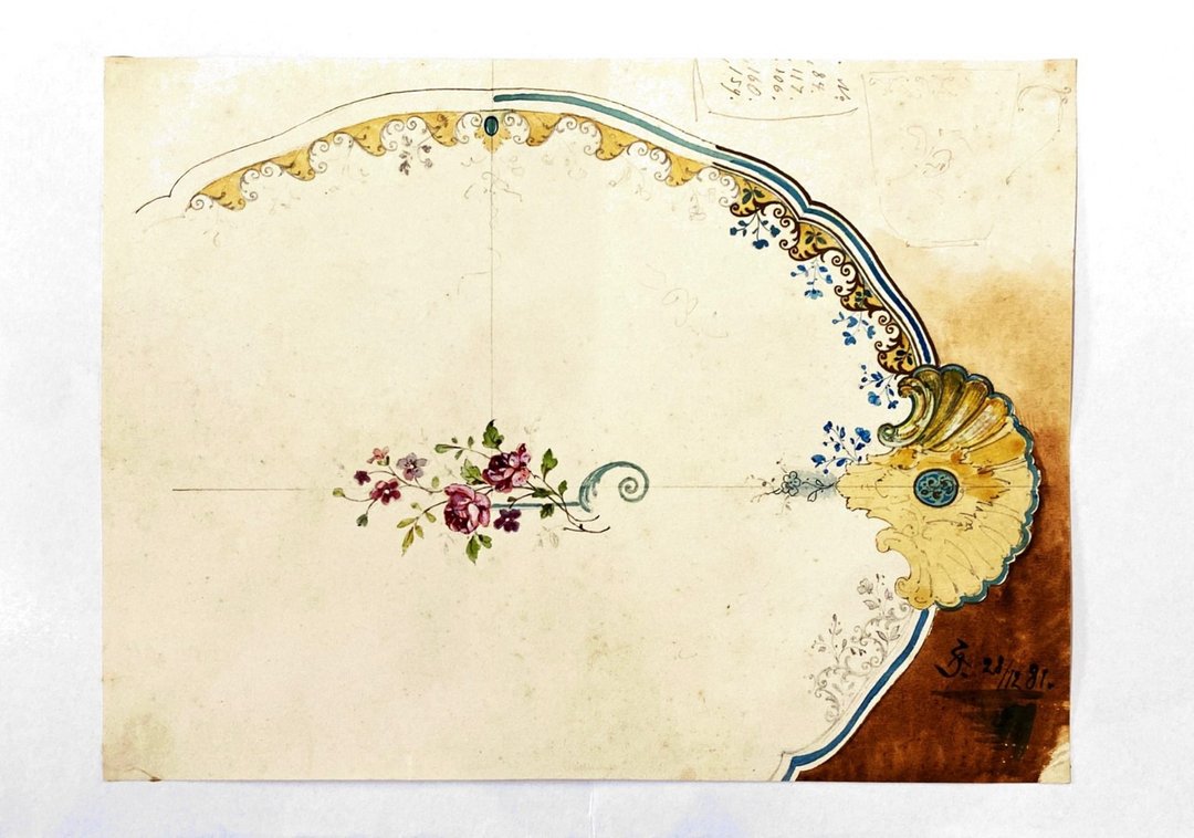 19th century德国瓷器设计手稿 - 1881 Vintage Draft - 古董 - 海报/装饰画/版画 - 纸 咖啡色