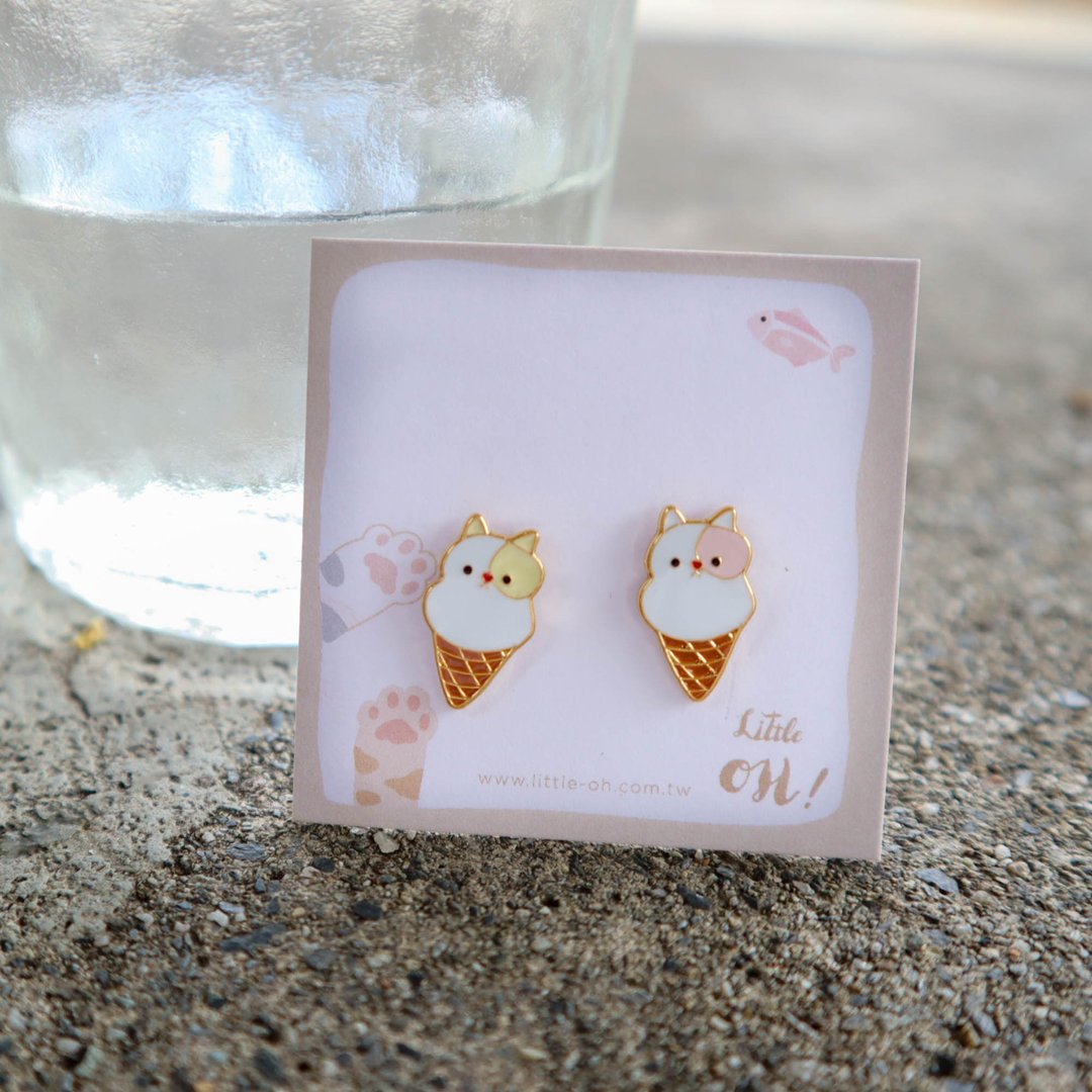 猫咪 霜淇淋 ice cream for cat lover 耳环 耳夹 - 耳环/耳夹 - 铜/黄铜 粉红色