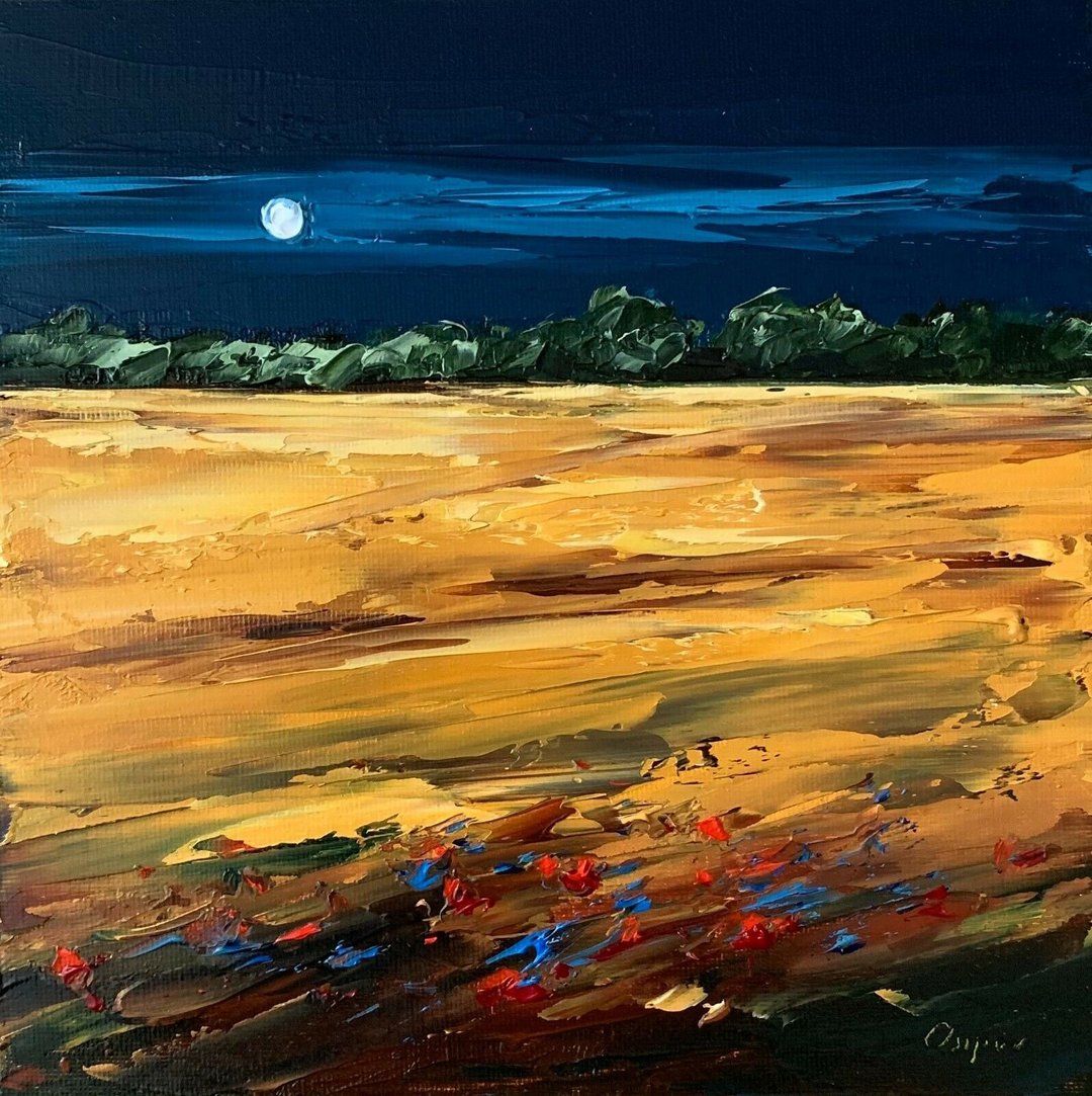 Original Night Landscape Oil Painting Yellow Field Landscape Textured Impasto - 墙贴/壁贴 - 棉．麻 多色