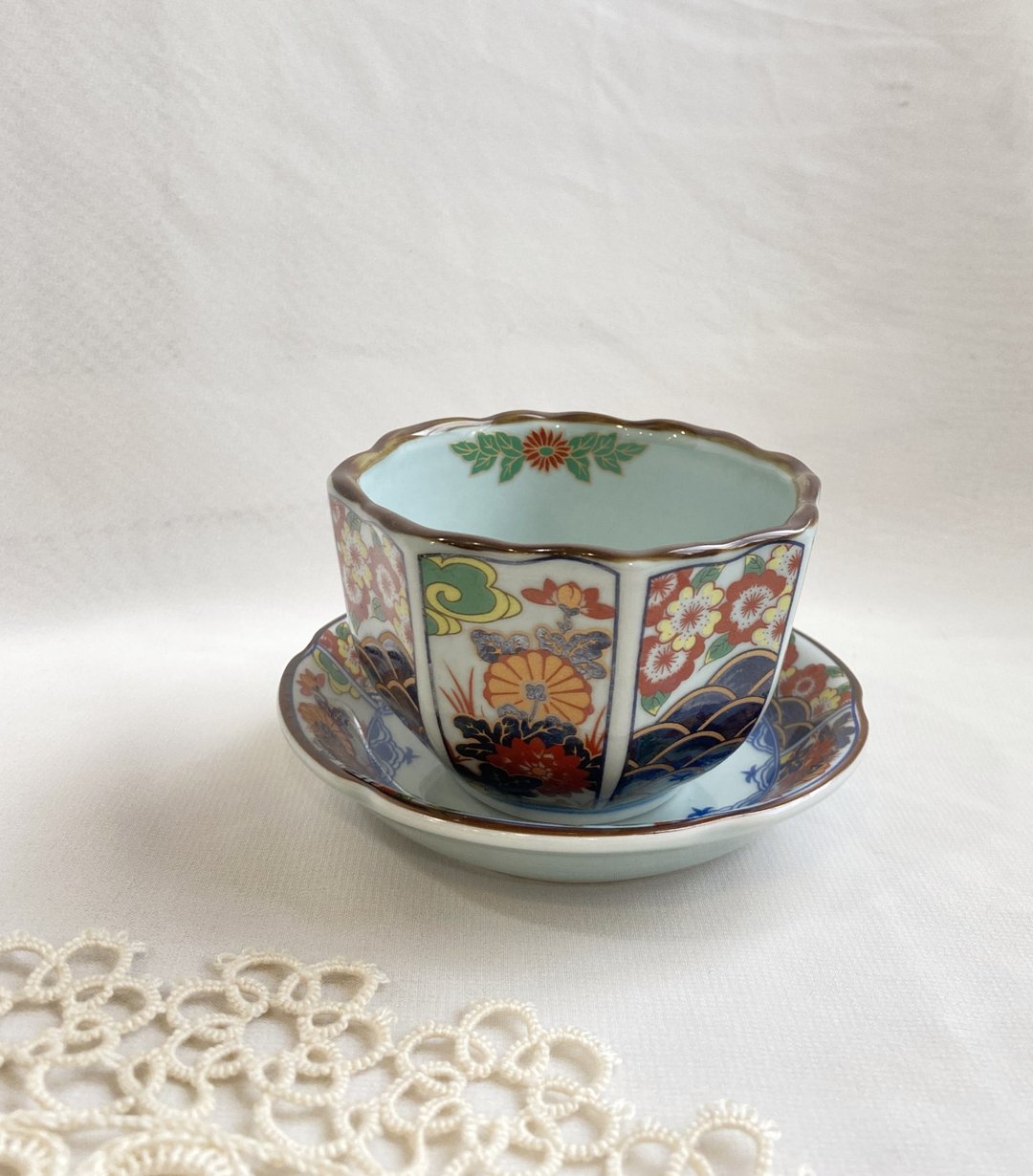 【好日恋物】日本vintage早期浅田窑青花彩绘八角杯盘组收藏品 - 其他杯子 - 陶 多色