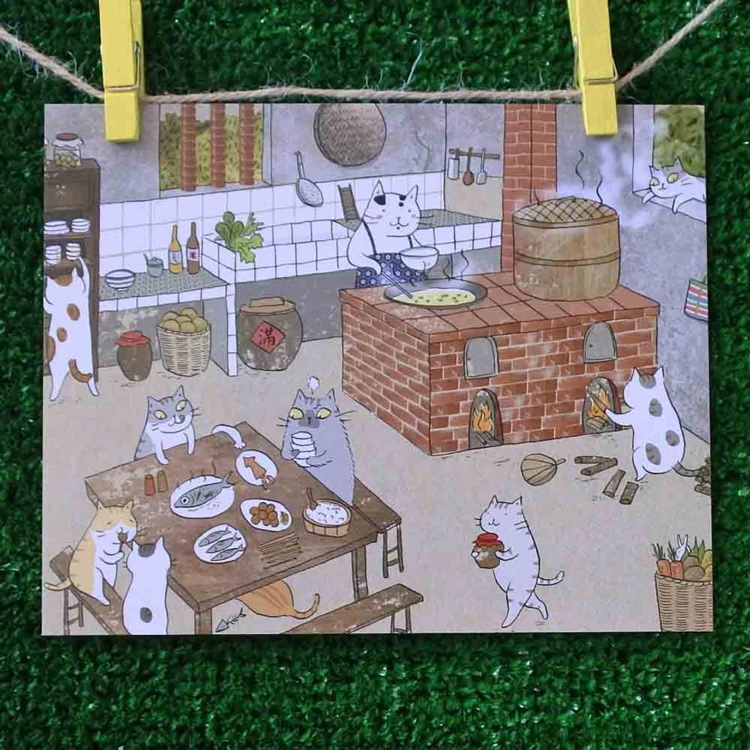 3猫小铺猫咪插画明信片(画家:猫小姐) –谁家厨房飘香 - 卡片/明信片 - 纸 