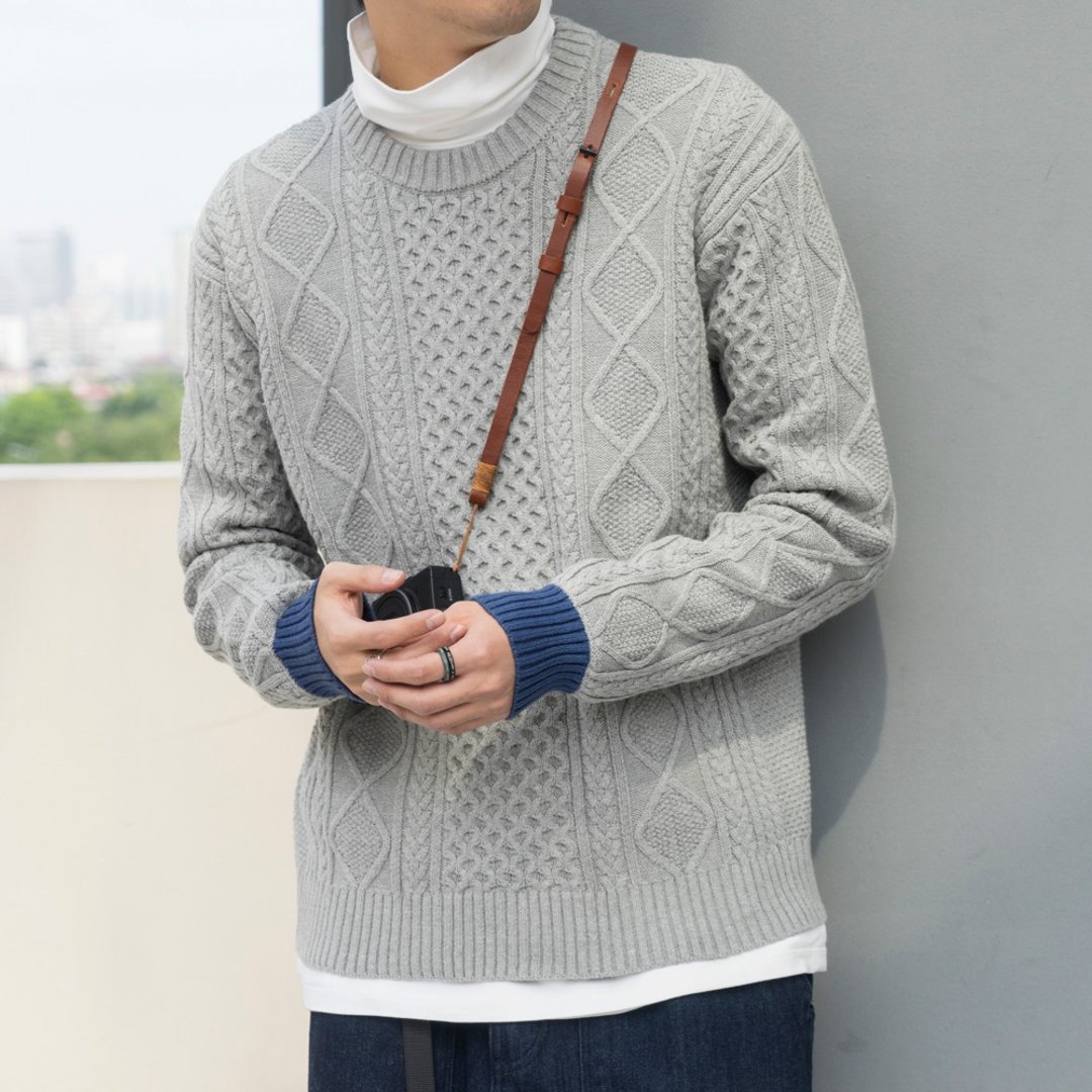 冬季暖日 杂志款 保暖针织麻花灰色毛衣 撞色设计 knit sweater - 男装针织衫/毛衣 - 棉 灰色