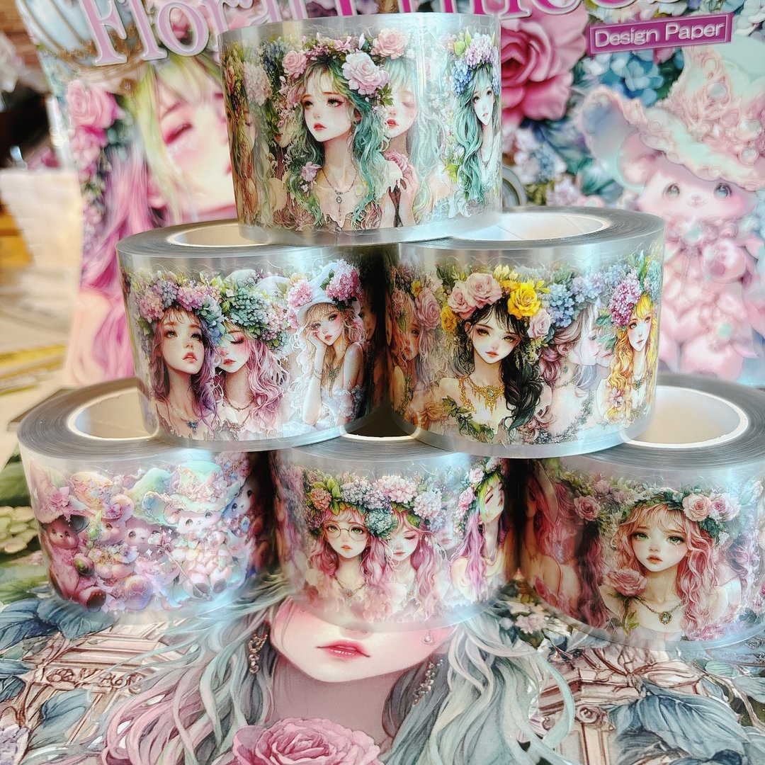 Floral Princess PET 卷式贴纸 - 玫瑰与绣球花的幻想曲 - 贴纸 - 防水材质 紫色