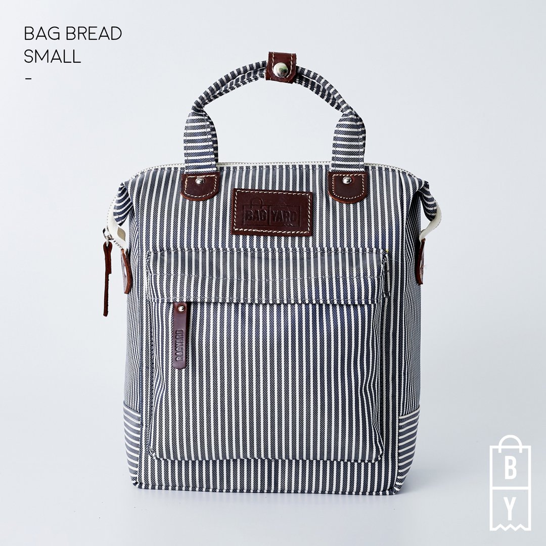 BAG PACK : BAG BREAD: NAVY STRIPE: SMALL LOAF (H28 cm x W22 cm x D14 cm) - 后背包/双肩包 - 棉 蓝色
