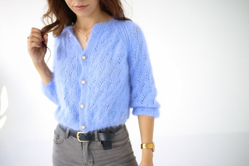 Knit pattern Crop cardigan knit instruction Lace Angora cardigan knitting manual - 编织/刺绣/羊毛毡/裁缝 - 羊毛 蓝色
