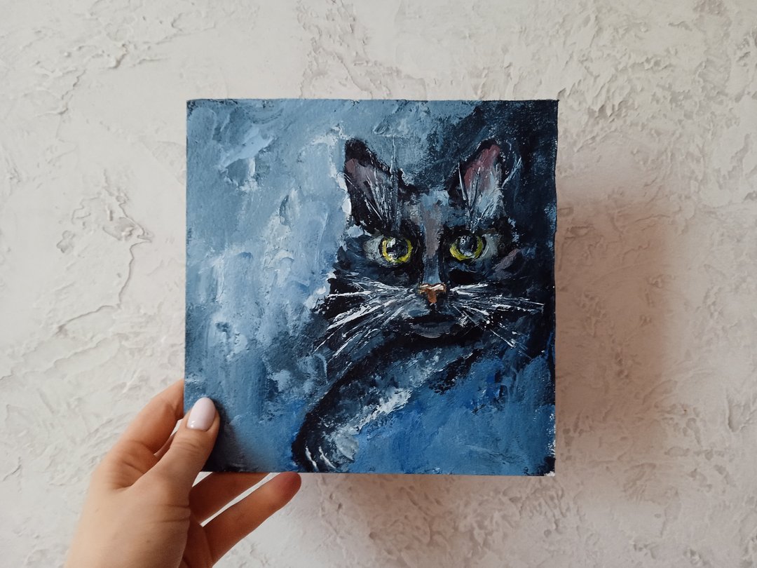 黑猫画原创艺术油画宠物肖像画20*20cm - 海报/装饰画/版画 - 其他材质 黑色