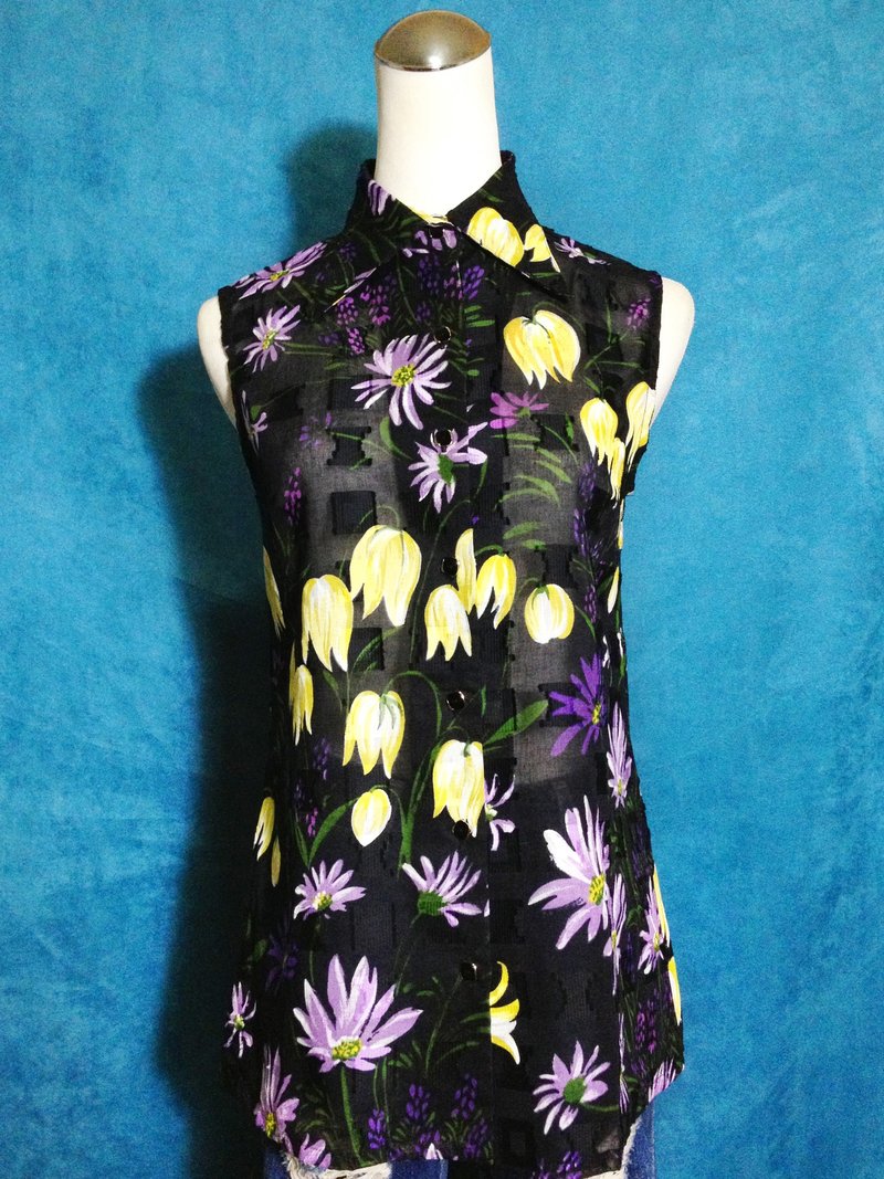 乒乓古着 [ 古着衬衫/ 花朵织纹无袖古着衬衫 ] 国外带回 VINTAGE - 女装衬衫 - 聚酯纤维 黑色