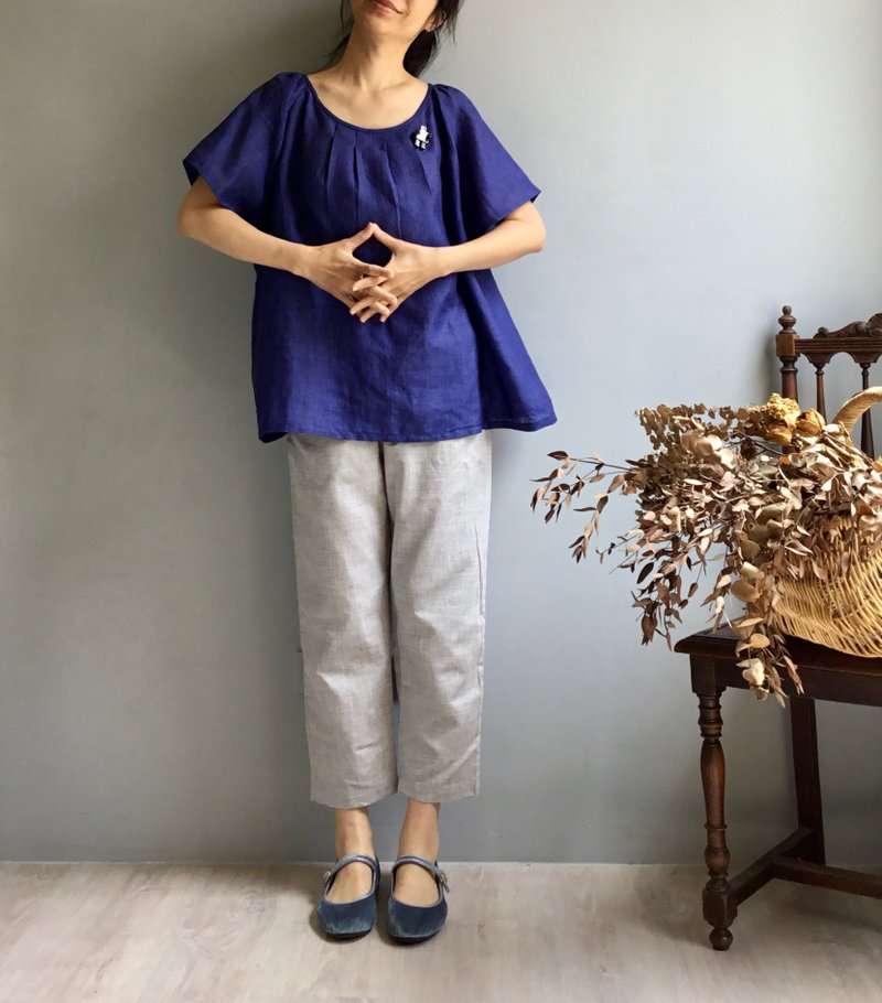 紫罗兰/深邃神秘宇宙蓝亚麻圆领伞袖上衣100%亚麻/日本亚麻 - 女装上衣 - 棉．麻 蓝色