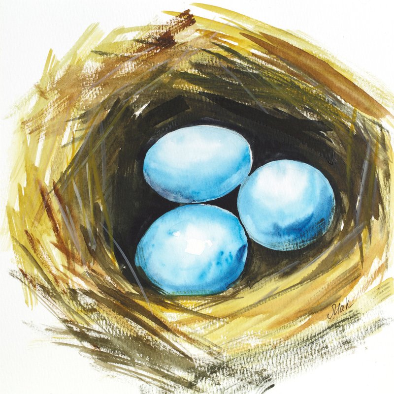 Bird Nest Painting Robin Egg Original Art Tiny Bird Painting Easter Watercolor - 海报/装饰画/版画 - 纸 蓝色