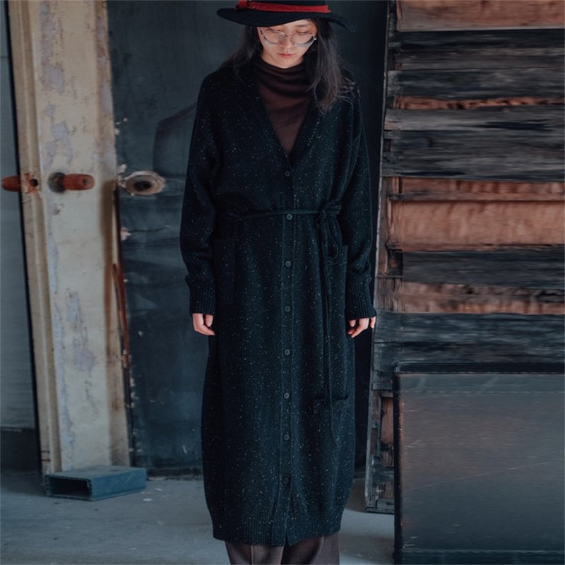 鹽黑色 羊毛羊絨點子紗長開衫外套 - 女装针织衫/毛衣 - 羊毛 黑色