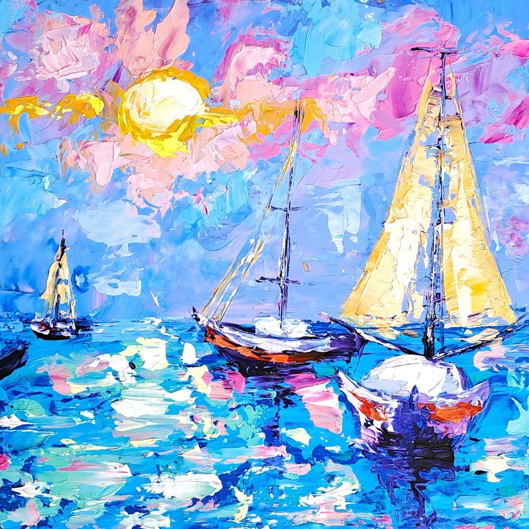 帆船画作 海景 原创艺术 船只 厚涂油画 圣巴巴拉 - 海报/装饰画/版画 - 其他材质 多色