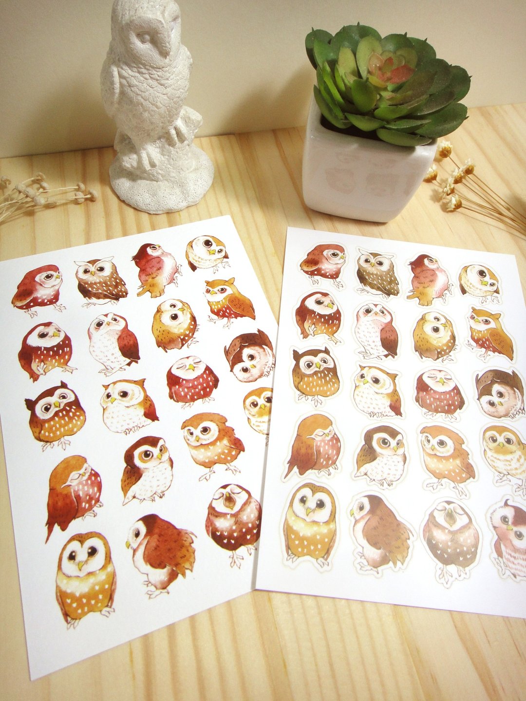 棕色系猫头鹰贴纸+明信片组 - 卡片/明信片 - 纸 多色
