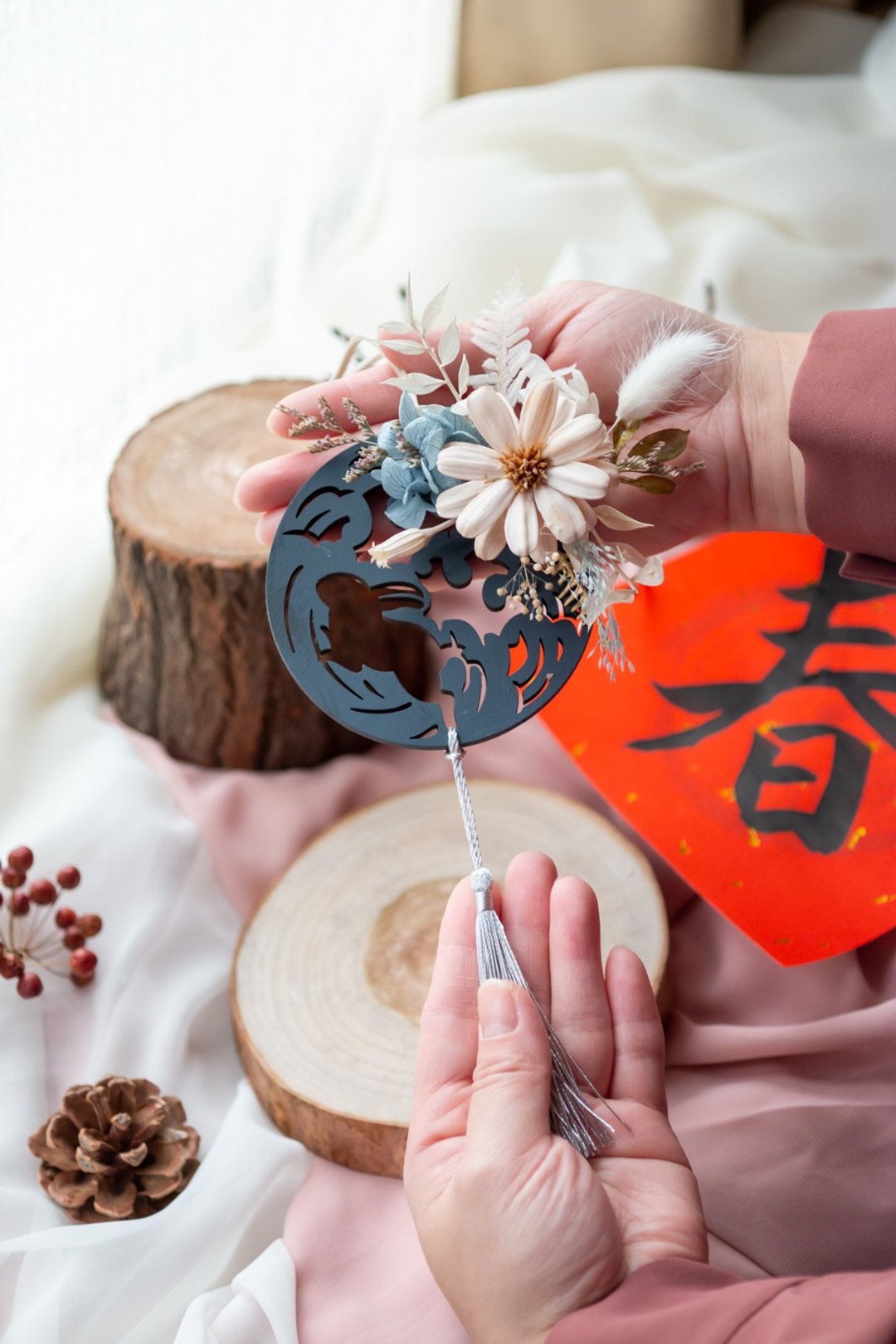 靛色玉兔迎春新年挂饰 - 新春花礼 | 居家装饰 | 新年礼物 - 干燥花/捧花 - 植物．花 蓝色