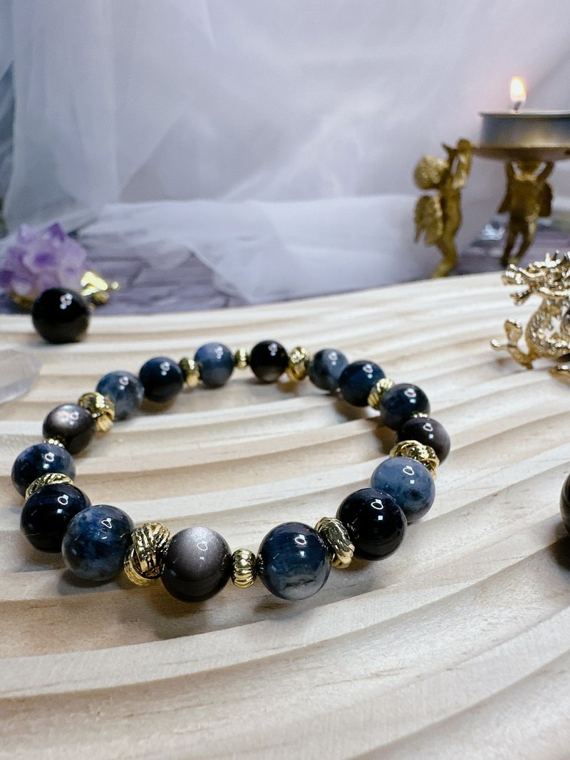 蓝晶石 魔鬼海蓝宝 银黑曜石 蓝虎眼 18k金 设计款 水晶手串 - 手链/手环 - 宝石 黑色