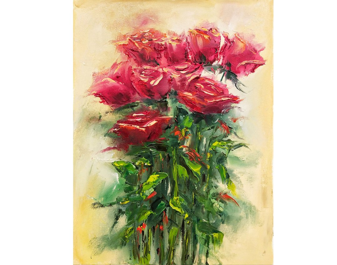 玫瑰画花卉原创艺术品花朵墙壁装饰 40x30 厘米/ 16x12 英寸 - 海报/装饰画/版画 - 棉 多色