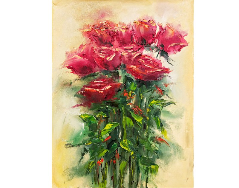 玫瑰画花卉原创艺术品花朵墙壁装饰 40x30 厘米/ 16x12 英寸 - 海报/装饰画/版画 - 棉．麻 多色