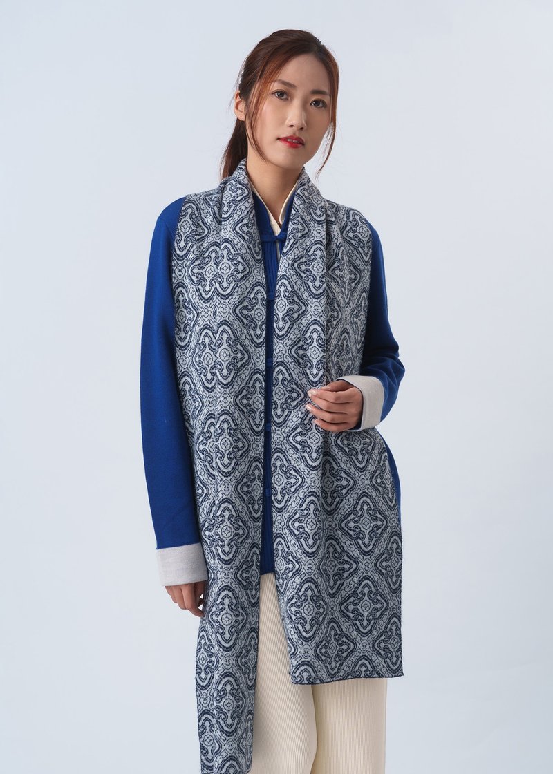 羊驼毛花纹围巾 (深蓝色)|香港设计|古典|气质|中西合璧 - 丝巾 - 羊毛 蓝色