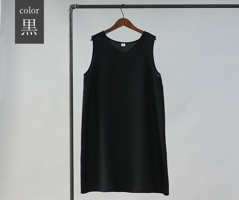 wafu - 純亞麻衬裙 Lightweight Linen V-neck Inner Dress /Black p006a-bck1 - 洋装/连衣裙 - 亚麻 黑色