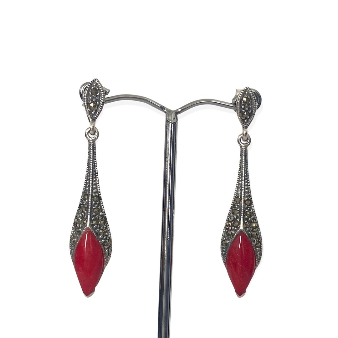 Art Deco Style Long Drop Earrings Red Coral and Marcasite 925 Sterling Silver - 耳环/耳夹 - 纯银 红色