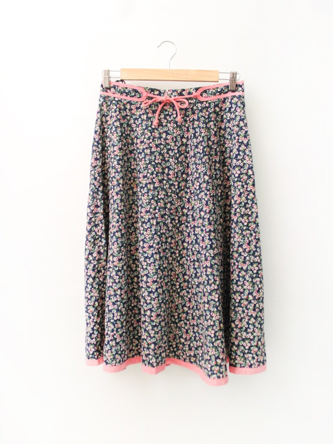 复古欧洲田园风深蓝碎花碎花粉色扫边棉古着长裙 European Vintage Skirt - 裙子 - 棉 蓝色