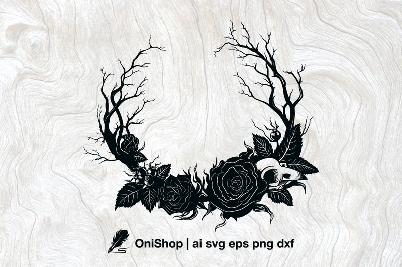 Gothic roses wreath svg, witchy wreath, laser cut clipart, hallowen art - 电子手绘真人画像/绘画/插画 - 其他材质 