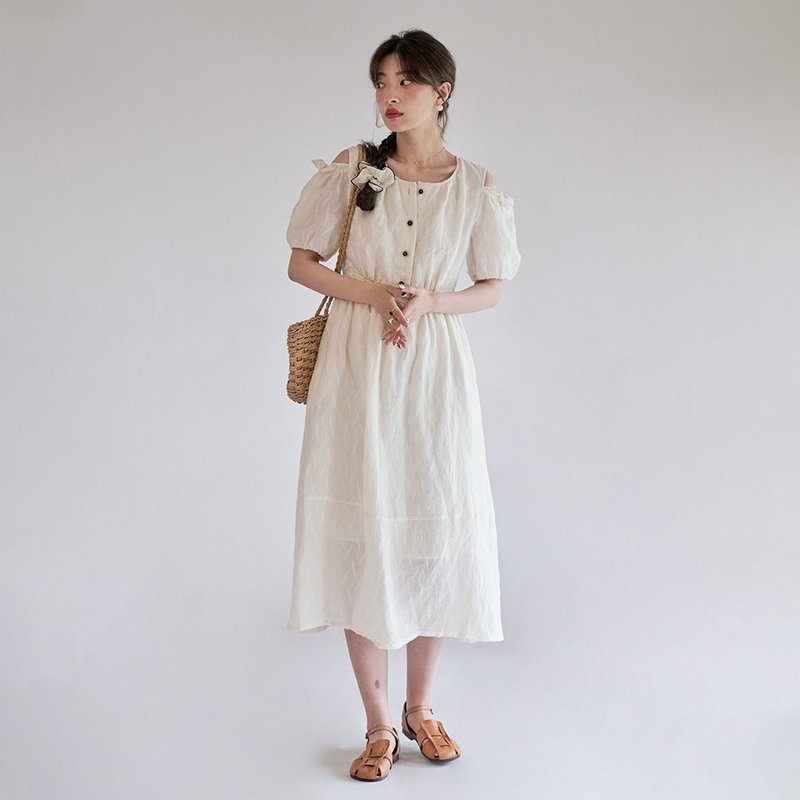 白色温柔提花肌理收腰连衣裙|洋装|春夏款|亚麻|Sora-1187 - 洋装/连衣裙 - 亚麻 白色