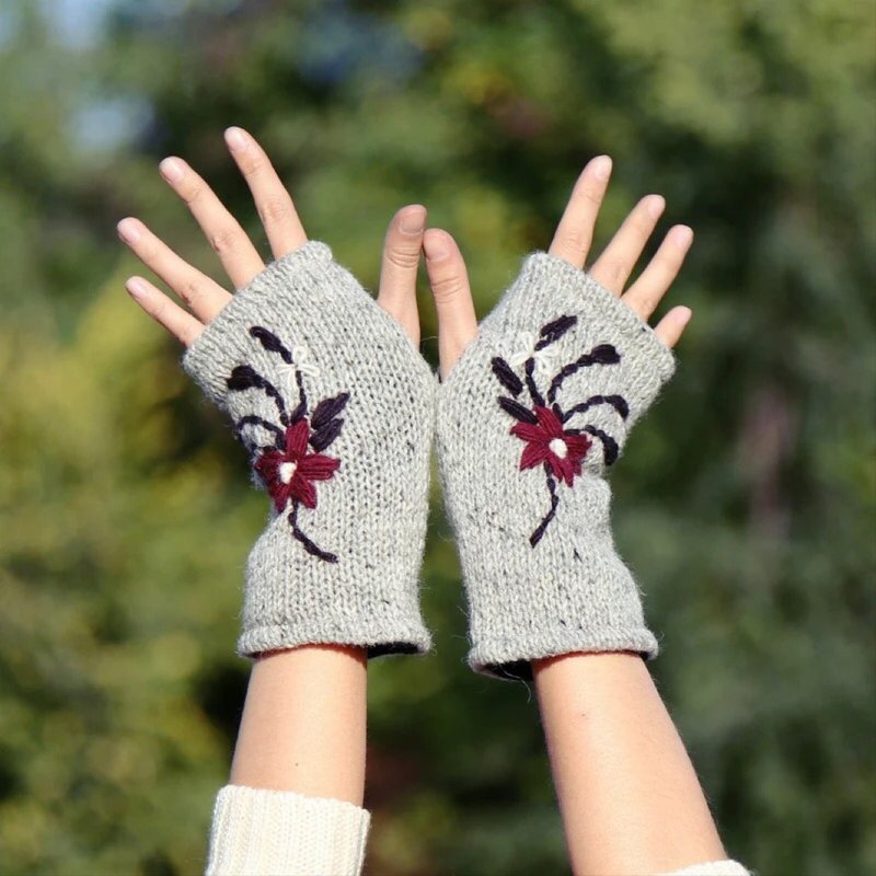 羊毛手套 露指 手工绣花 内层抓绒 保暖 - 手套 - 羊毛 