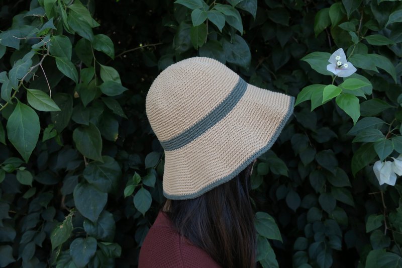 手工编织帽-宽檐渔夫帽/棉绳帽/深绿条纹x深卡其 - 帽子 - 棉．麻 卡其色