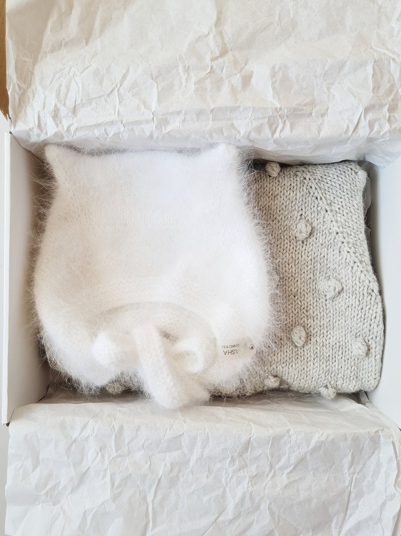 安哥拉猫帽子，毛茸茸的帽子，针织帽，婴儿帽，针织帽，动物帽子 - 帽子 - 羊毛 白色