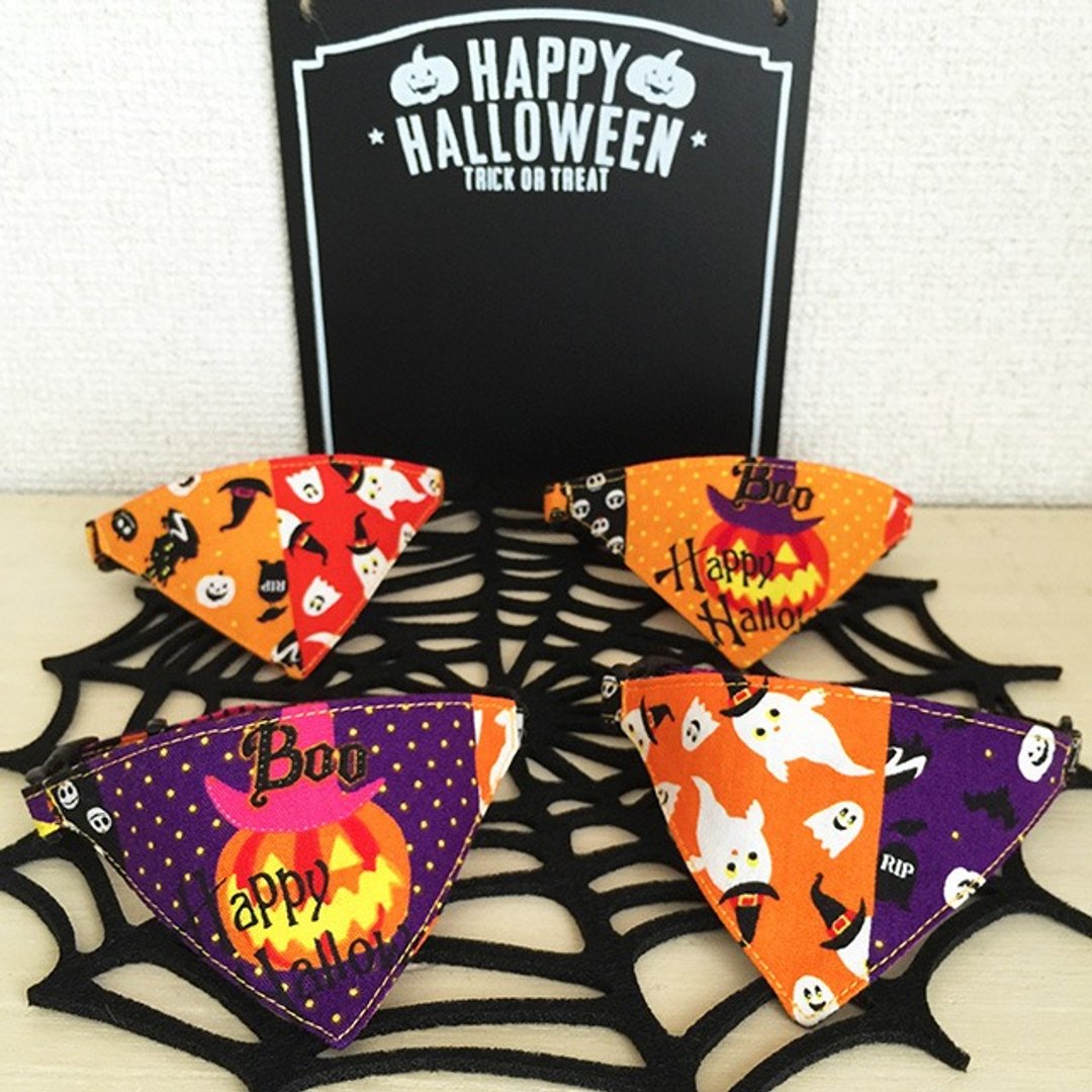 Halloween MIX bandana-style cat safety collar - 项圈/牵绳 - 棉 橘色