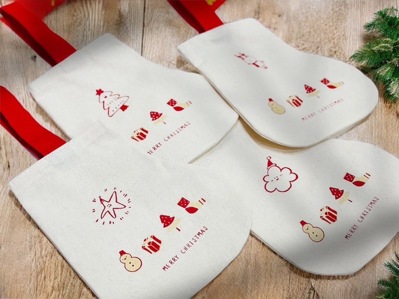 圣诞袜造型饮料提袋 手工绢印双色套印 圣诞节限定图案 - 随行杯提袋/水壶袋 - 其他材质 