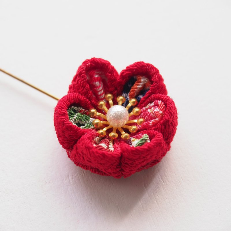 【花火】大红和柄胸针, 心口针, 发针 定制 つまみ细工 - 胸针 - 聚酯纤维 红色