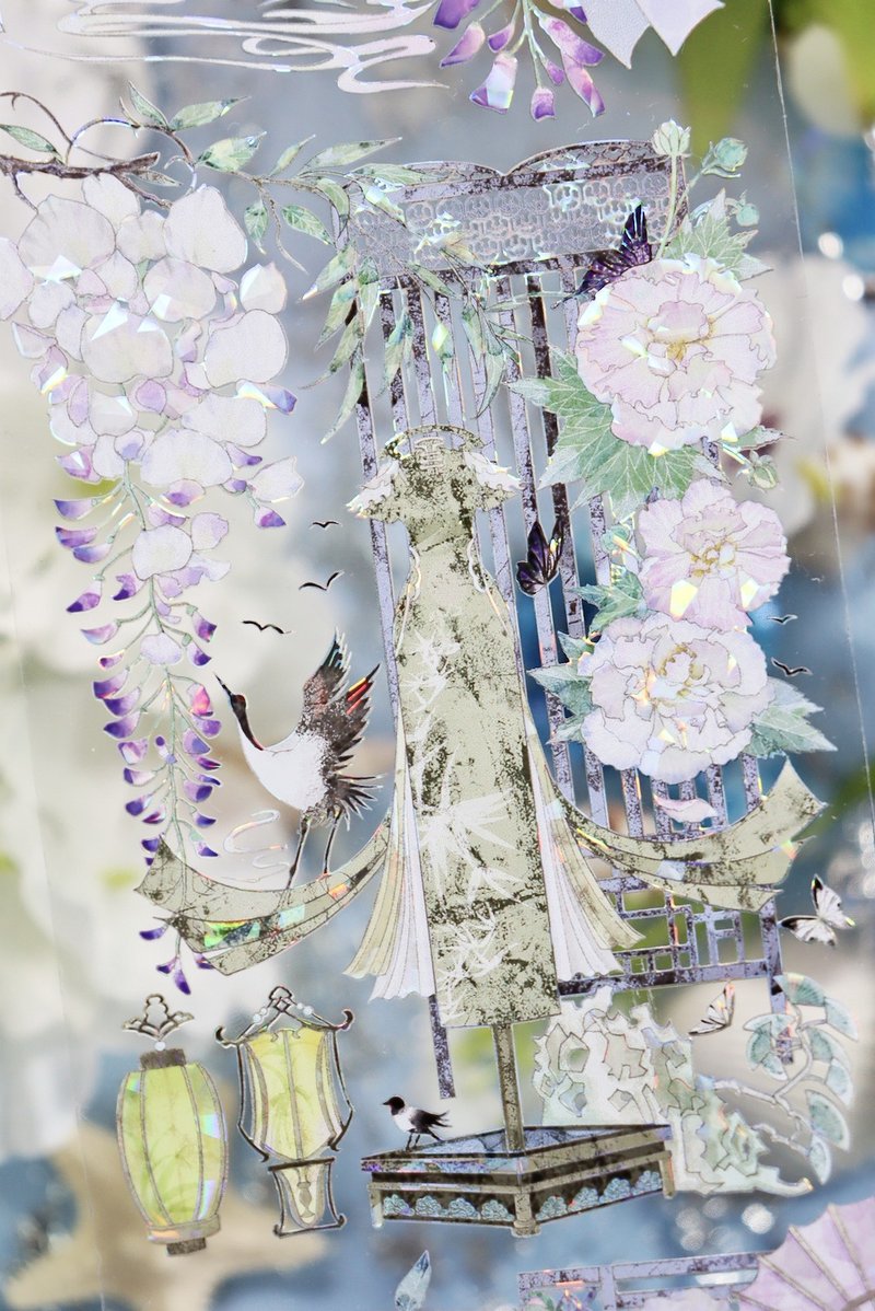 紫藤轩窗 東方古風造景 PET 紙膠帶 貝殼光 / 割型貼紙卷 星光膜 - 纸胶带 - 其他材质 紫色