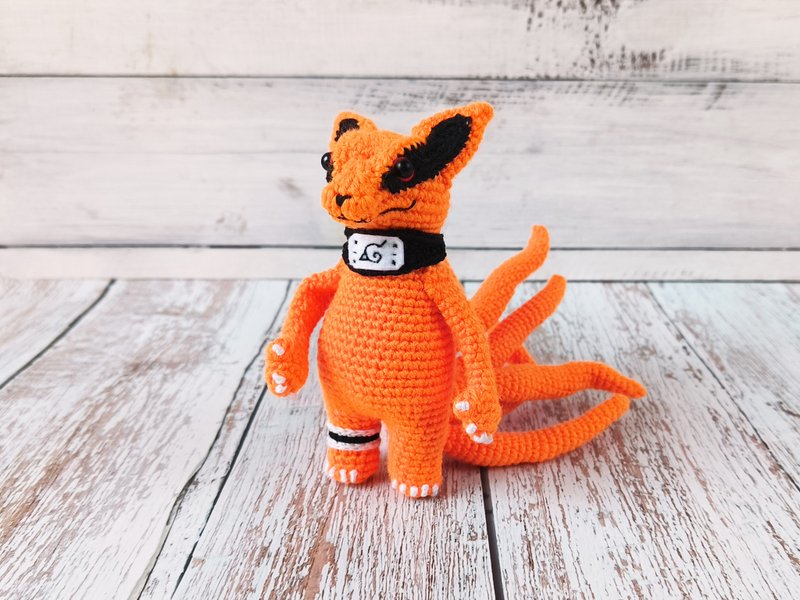 手工钩针九尾狐——带旋转头的 Amigurumi 毛绒玩具 - 玩偶/公仔 - 压克力 橘色