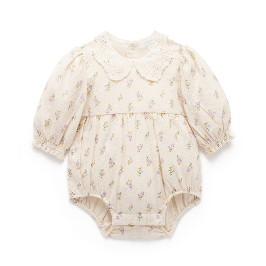 澳洲Purebaby有机棉婴儿长袖包屁衣/新生儿 连身衣  碎花蕾丝领 - 包屁衣/连体衣 - 棉 
