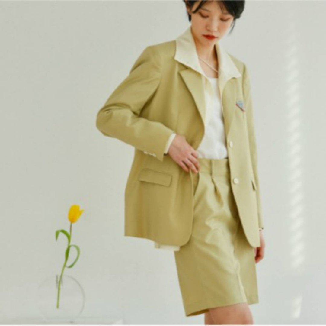 青芥色 MUSTARD GIRL 定染精纺羊毛复古宽肩西装 高级光泽感外套 - 女装西装外套/风衣 - 羊毛 绿色