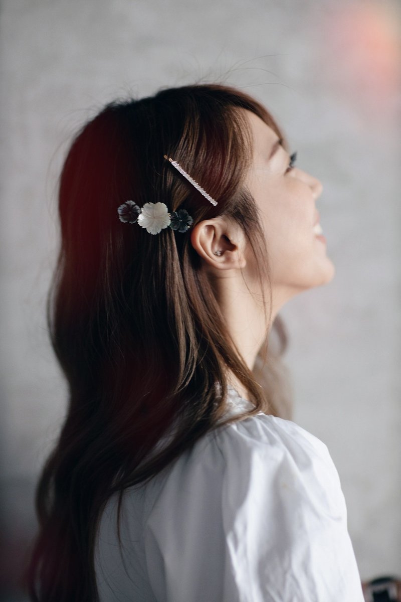 拼色贝壳花花发夹 配 碎石一字夹 - 发饰 - 贝壳 