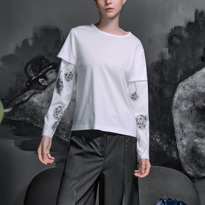 / 手绘植物系列 / 蒲公英印花叠穿感上衣 - 女装 T 恤 - 棉．麻 白色