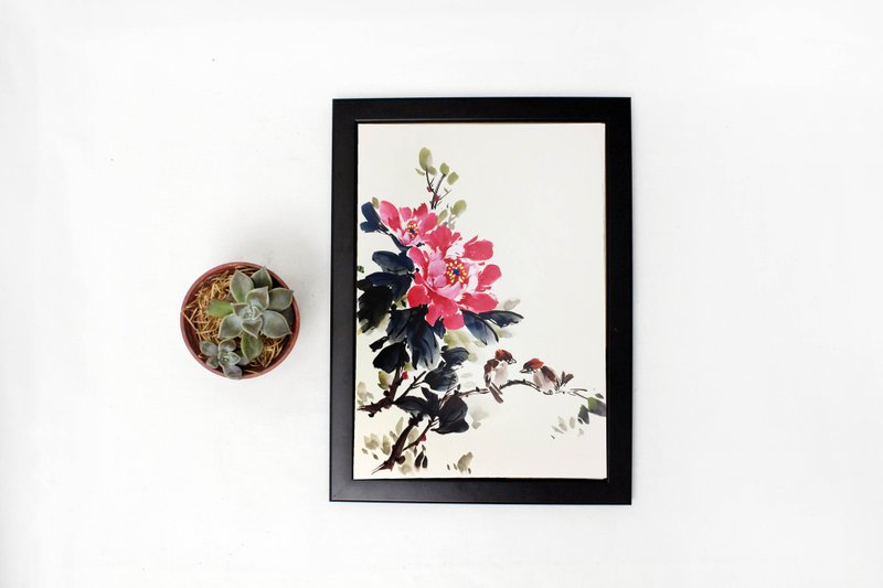 细语 -手绘挂画 牡丹与鸟国画  家居摆饰 (附画框) - 海报/装饰画/版画 - 纸 红色