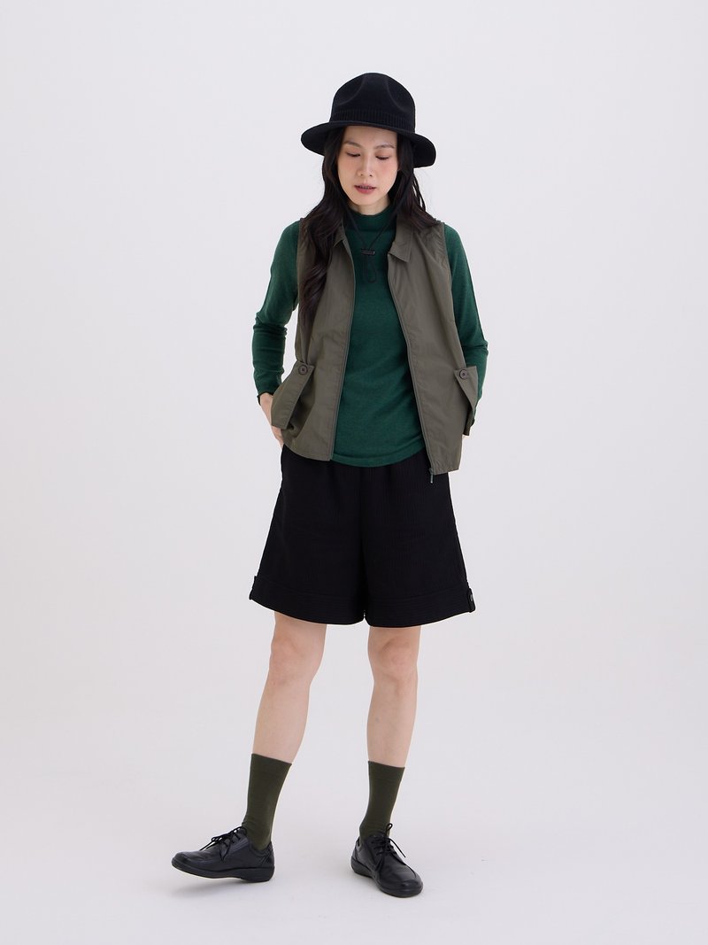 山野衬衫领开襟无袖背心-军绿 - 女装背心 - 棉．麻 绿色