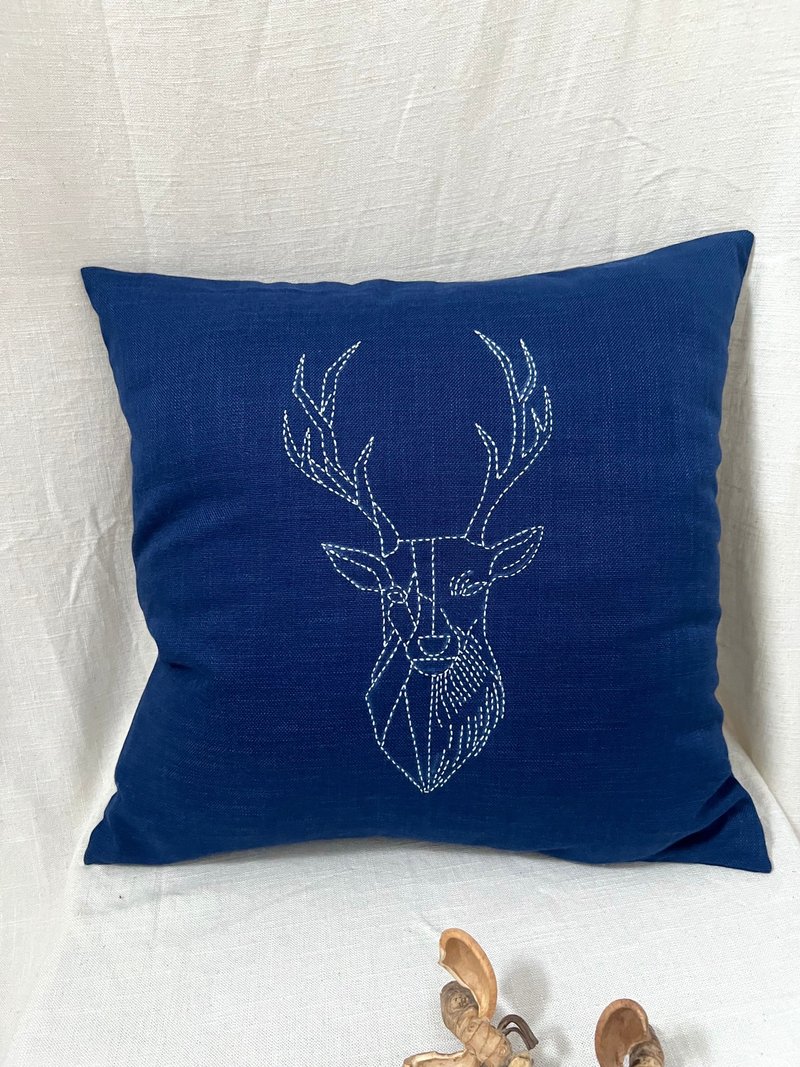 手绘几何鹿抱枕套 – 蓝色亚麻风情靠垫 - 枕头/抱枕 - 棉．麻 蓝色