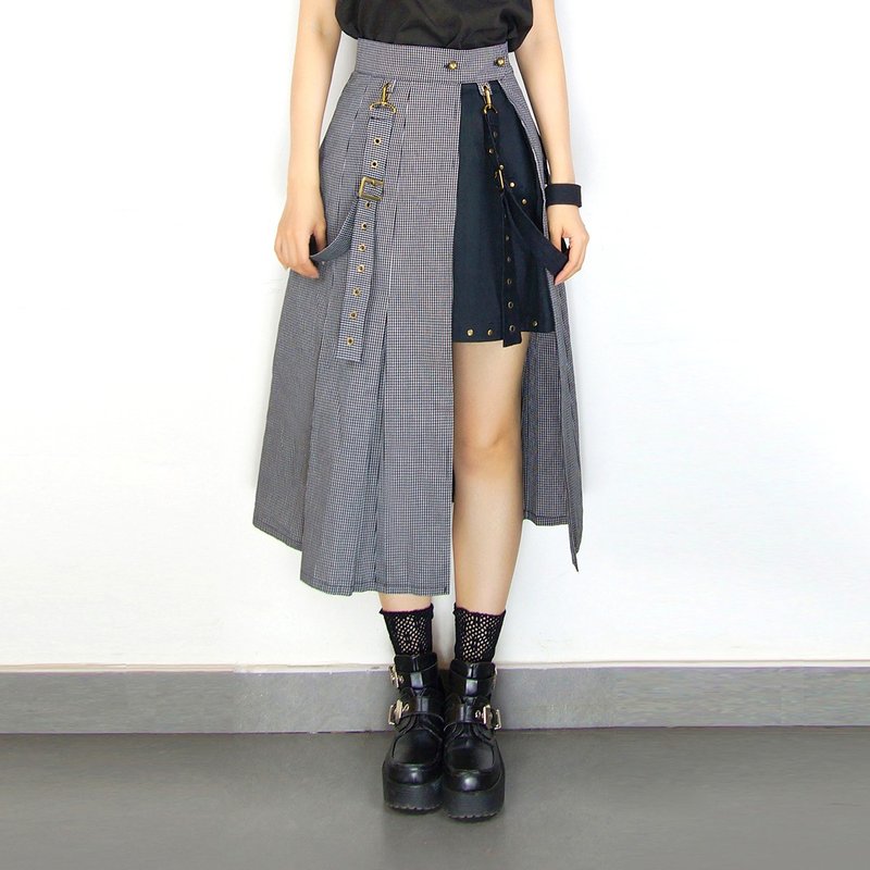 蒸汽朋克 百褶 黑白格 千鸟格 纯棉 T/R长短两件穿 A字半身裙 - 晚装/礼服 - 聚酯纤维 咖啡色