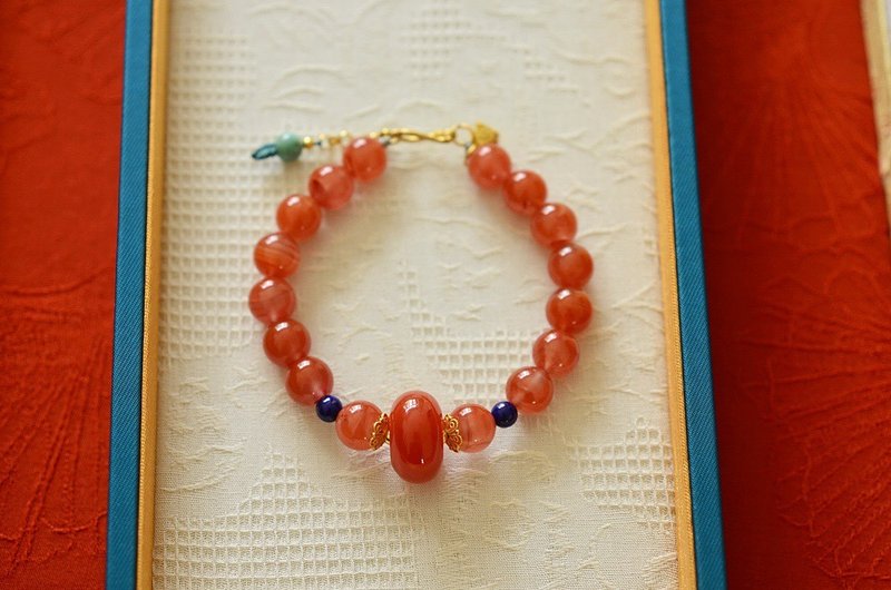 8mm 天然川料南红玛瑙 南红鼓珠松石设计单圈手串手链 s - 手链/手环 - 半宝石 红色